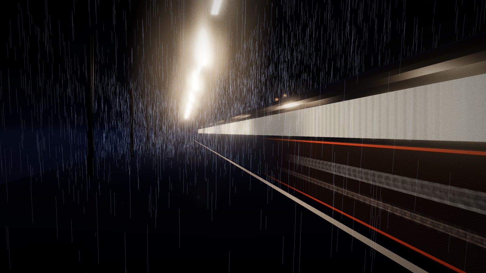 A dark modern train sweeps past a rainy night platform; its lit windows smear into long streaks of light.
