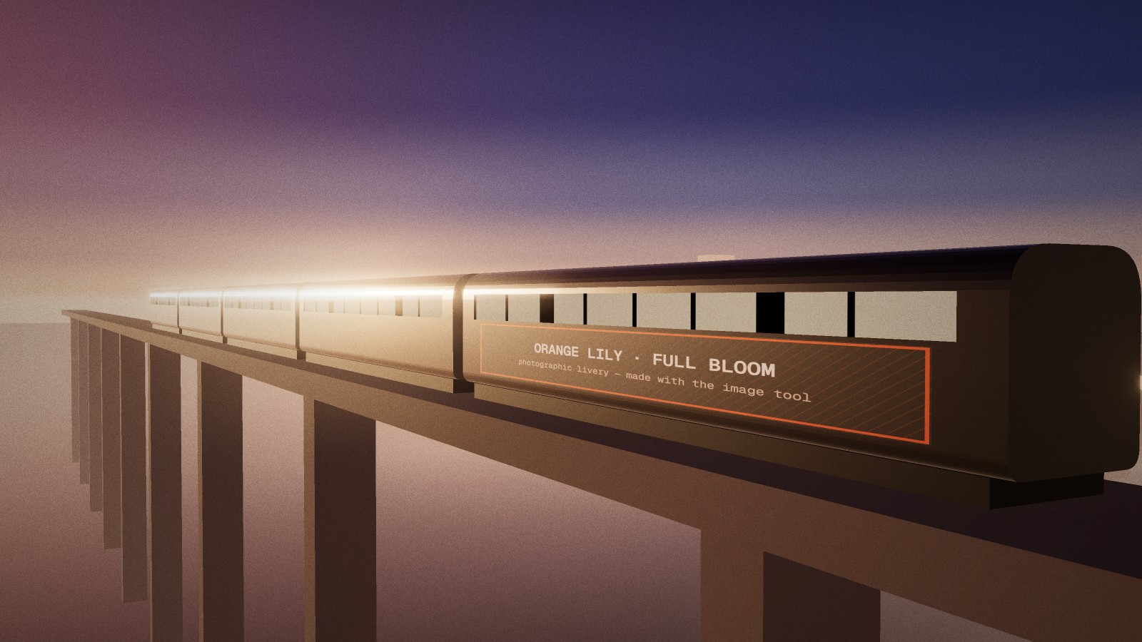 At sunrise the train crosses a viaduct; the last carriage carries the marked panel for the lily in full bloom.