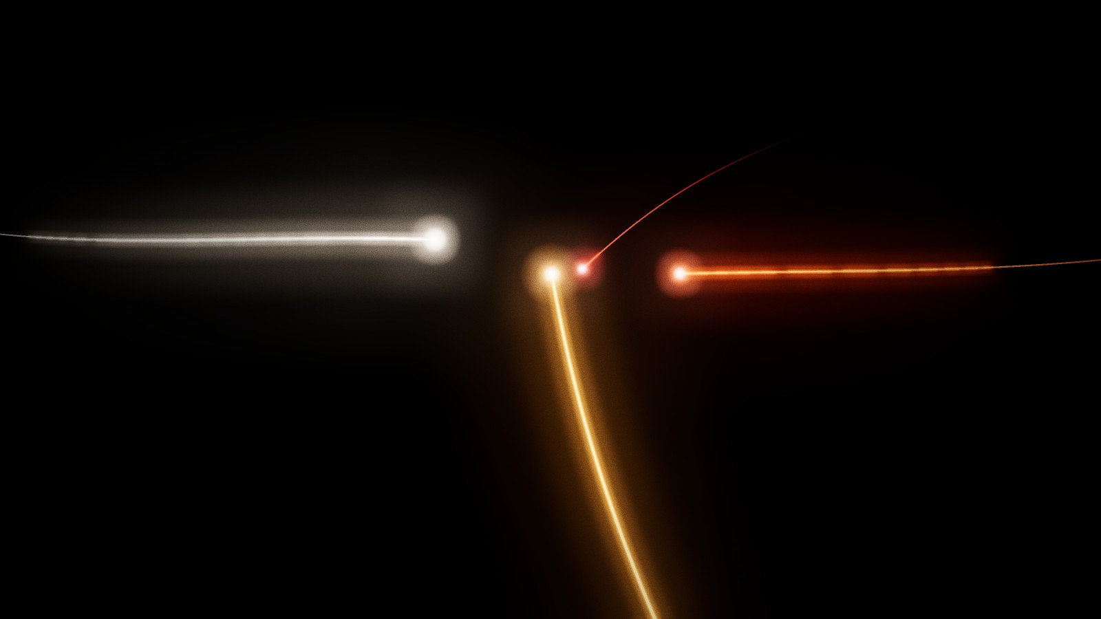 Pure black, with four short streaks of light — white, orange, amber and red — converging on one point.