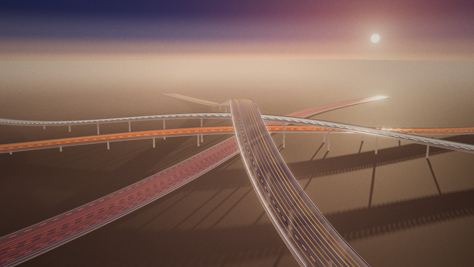 At dawn the ribbons have become glass-and-steel viaducts crossing at one interchange, with thin lines of light still running on them.