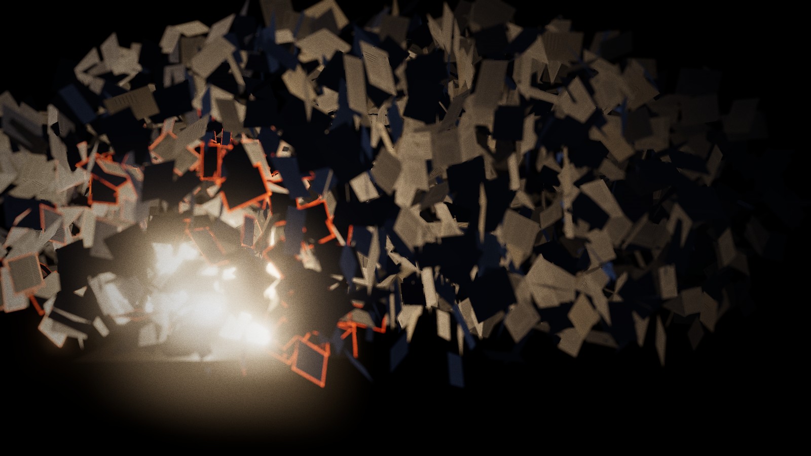 A desk lamp in a dark room; thousands of sheets of paper hang in the air around it, a few edged in orange light.