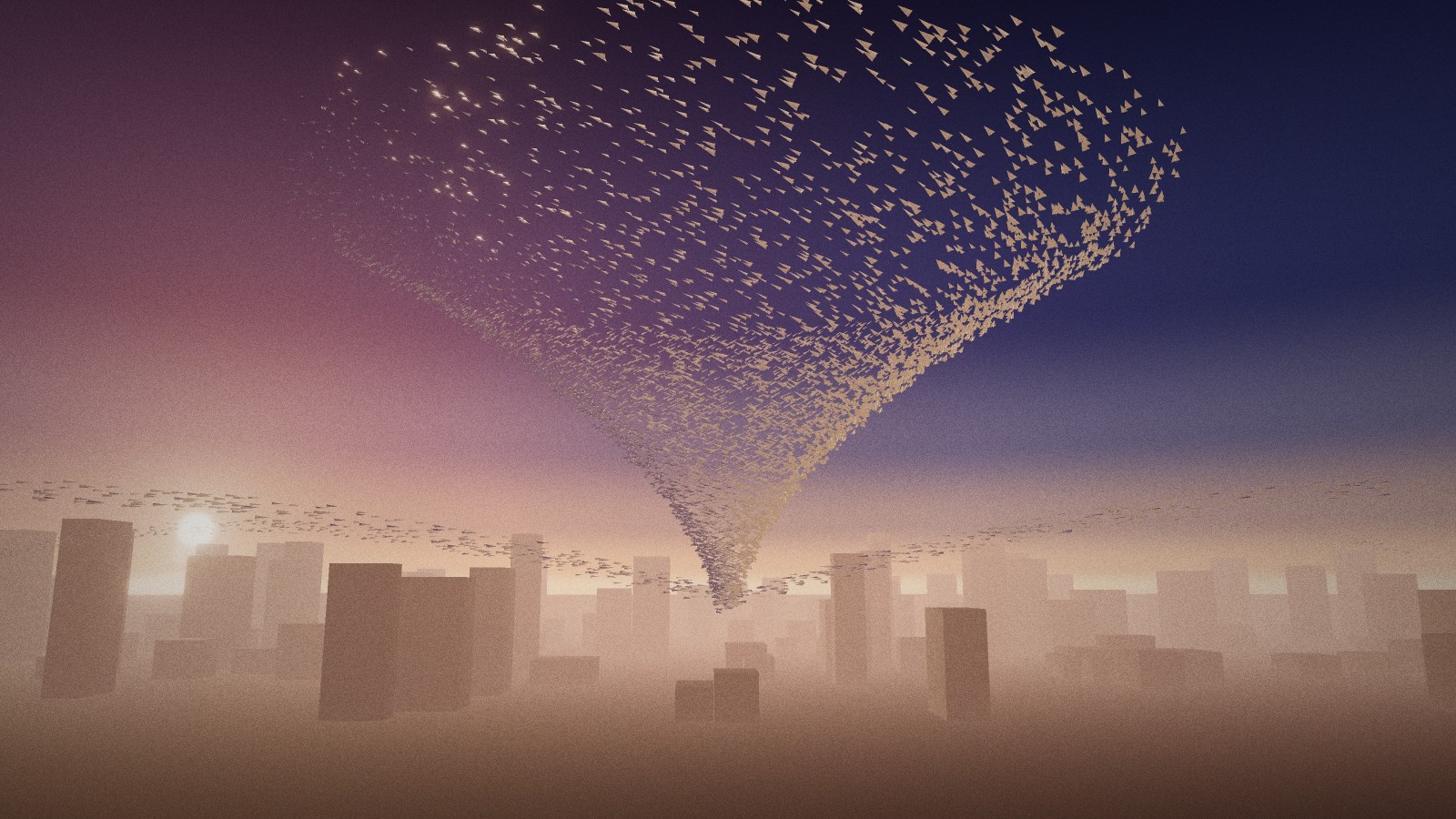 Above a hazy city at dawn, thousands of white paper darts wheel up into a funnel that opens like a blossom.