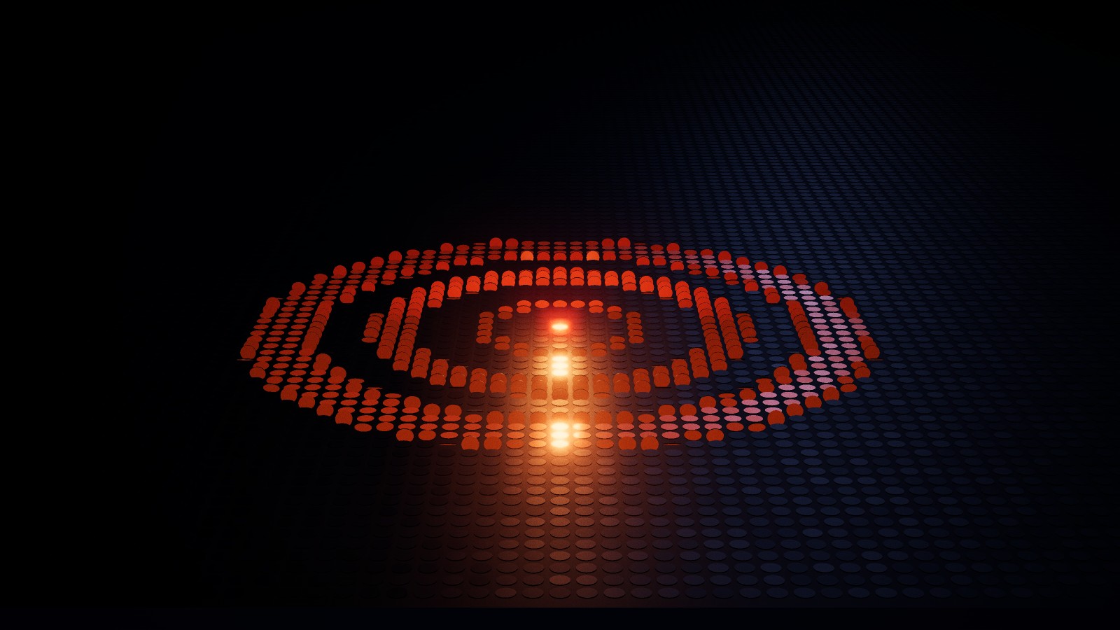 A field of black discs at night; rings of orange discs ripple outward from one glowing point.