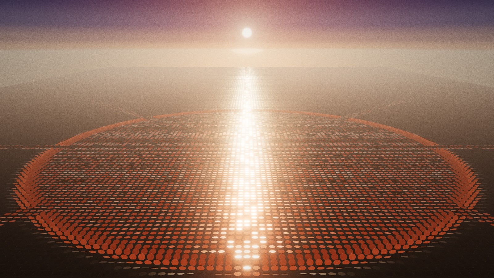 At dawn the field has turned orange in a vast circle and glitters under the low sun; four lines of discs run toward the horizon.