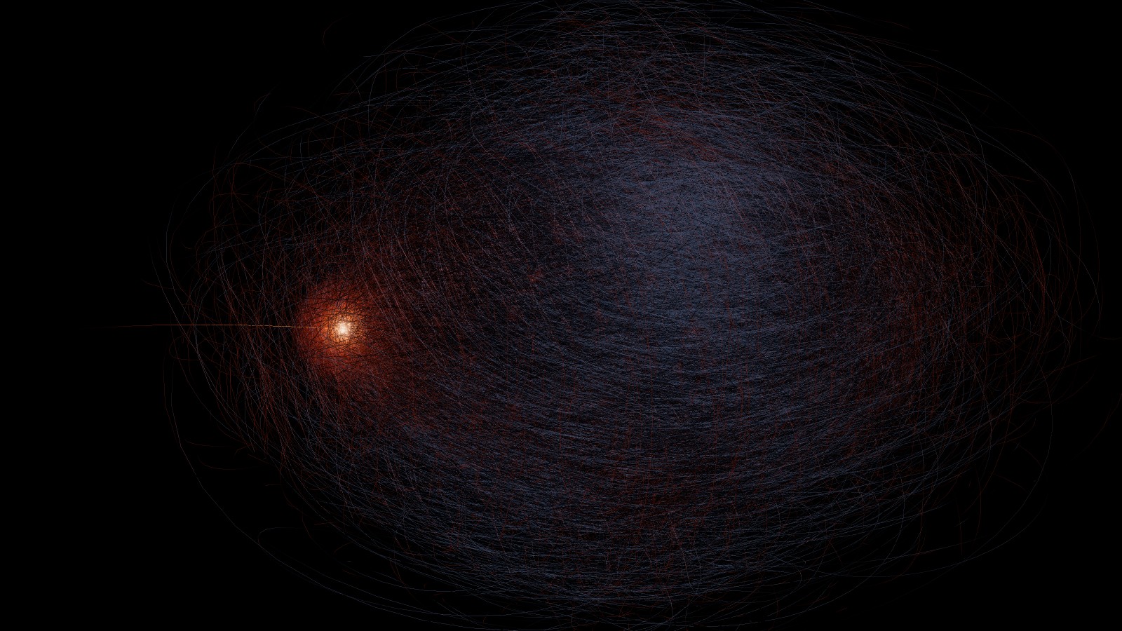 A dense dark knot of fine fibres fills the frame; one orange pulse runs into it from the left.