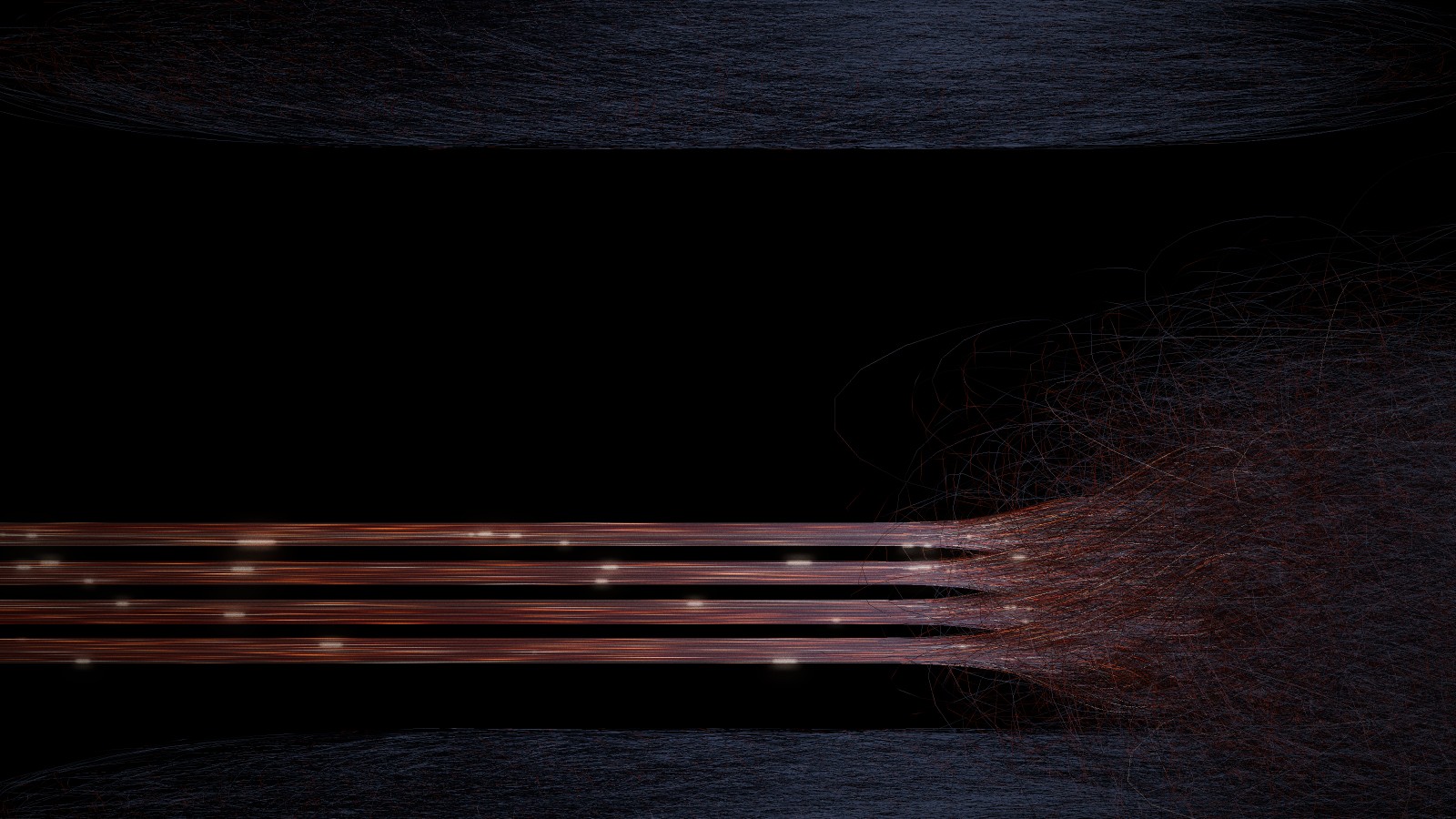 The fibres have parted: a clean dark band across the middle, four bundles carrying light below it, the rest of the knot loosening at the right edge.