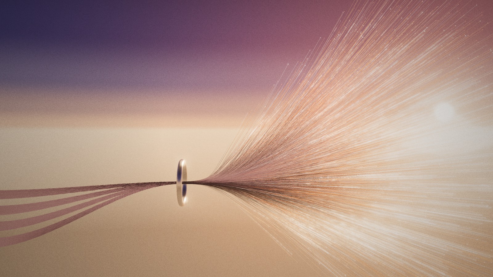 At dawn four bundles of fibres pass through one steel ring and open into a wide spray of glowing tips.