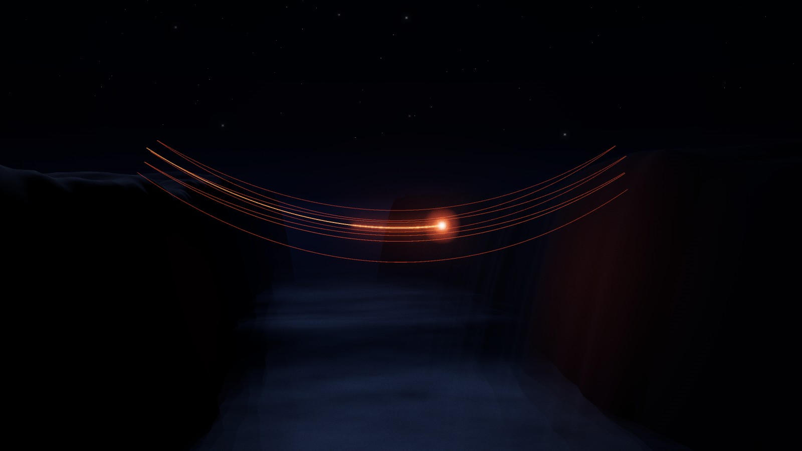 A dark gorge in mist at night; a spark flies across, spinning a glowing wire behind it among a few faint earlier wires.