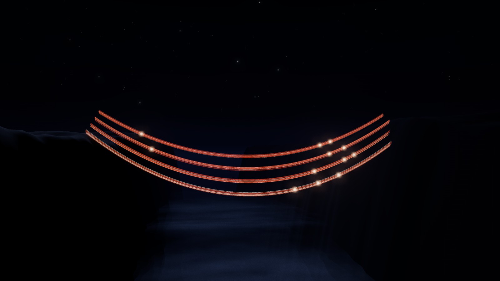 Four glowing cables span the gorge with points of light moving along them; open night sky above.