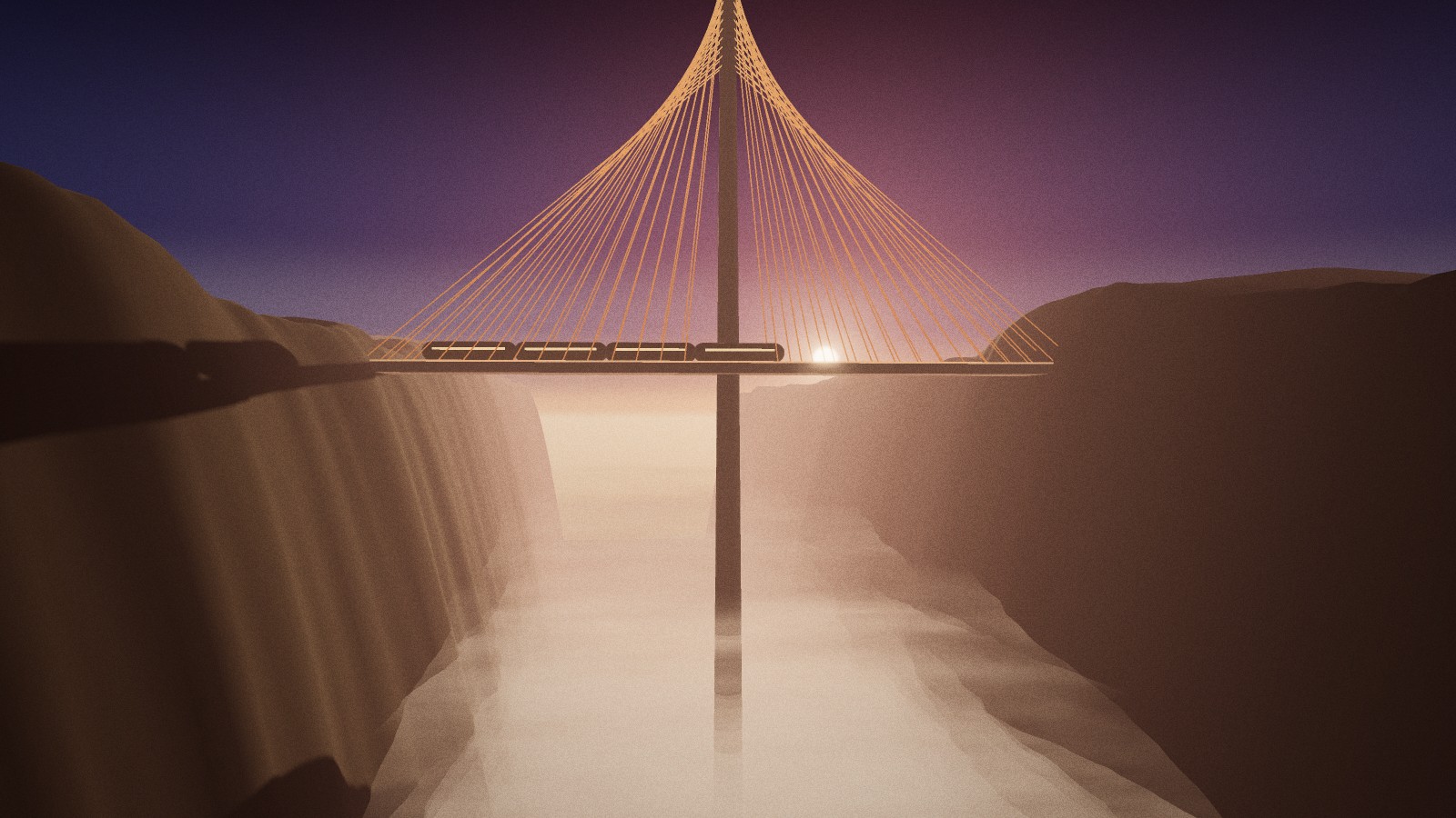 At sunrise a cable-stayed bridge spans the gorge: one slender tower with four fans of glowing cables and a train crossing the deck.
