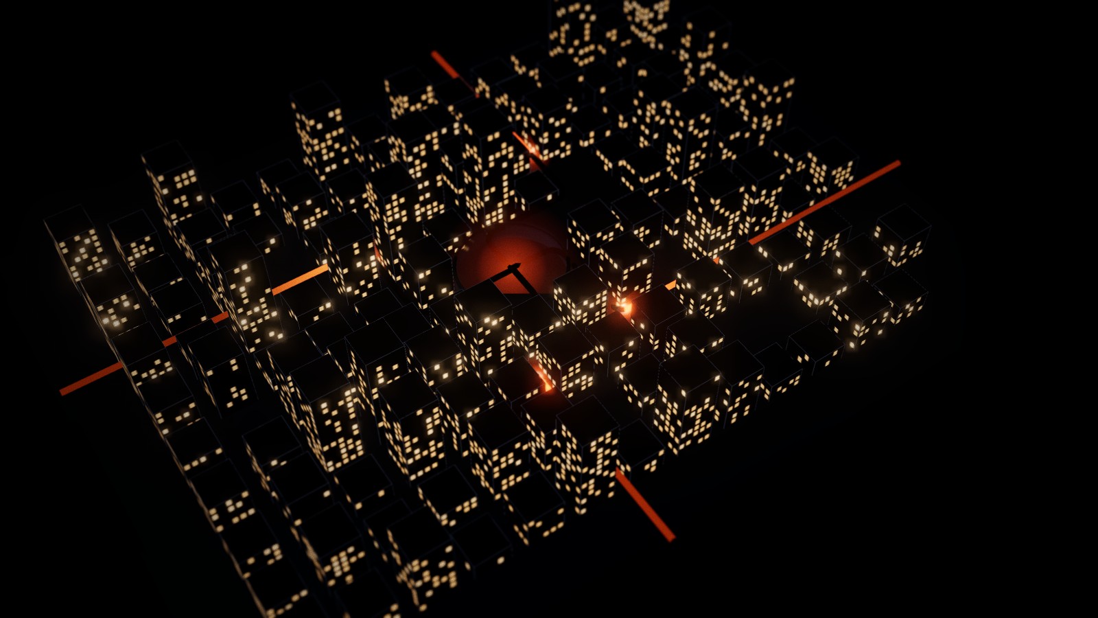 A model city at night seen from above, many office windows still lit, four orange lines running through the streets to a glass hall.