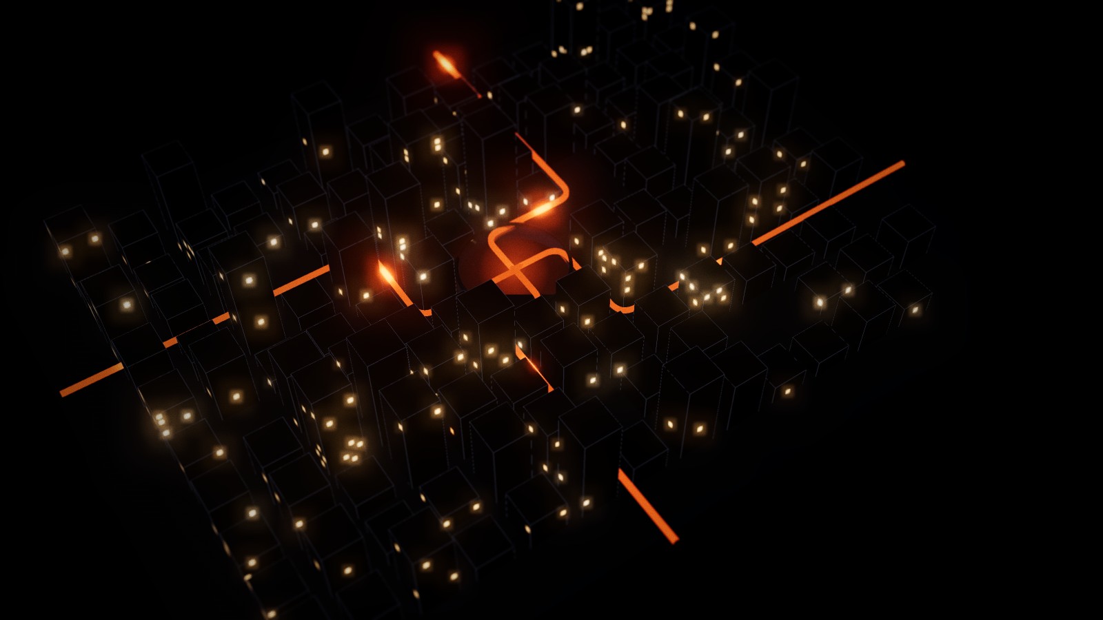 Most office windows have gone dark; the four orange lines carry small trains of light to the glowing hall at the centre.