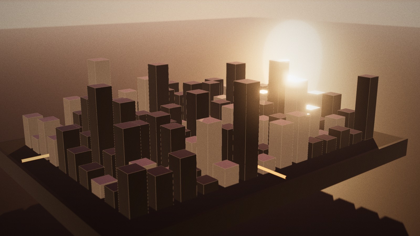 The model city at sunrise: dark glass towers, several of them now taller, with the sun glowing behind them.
