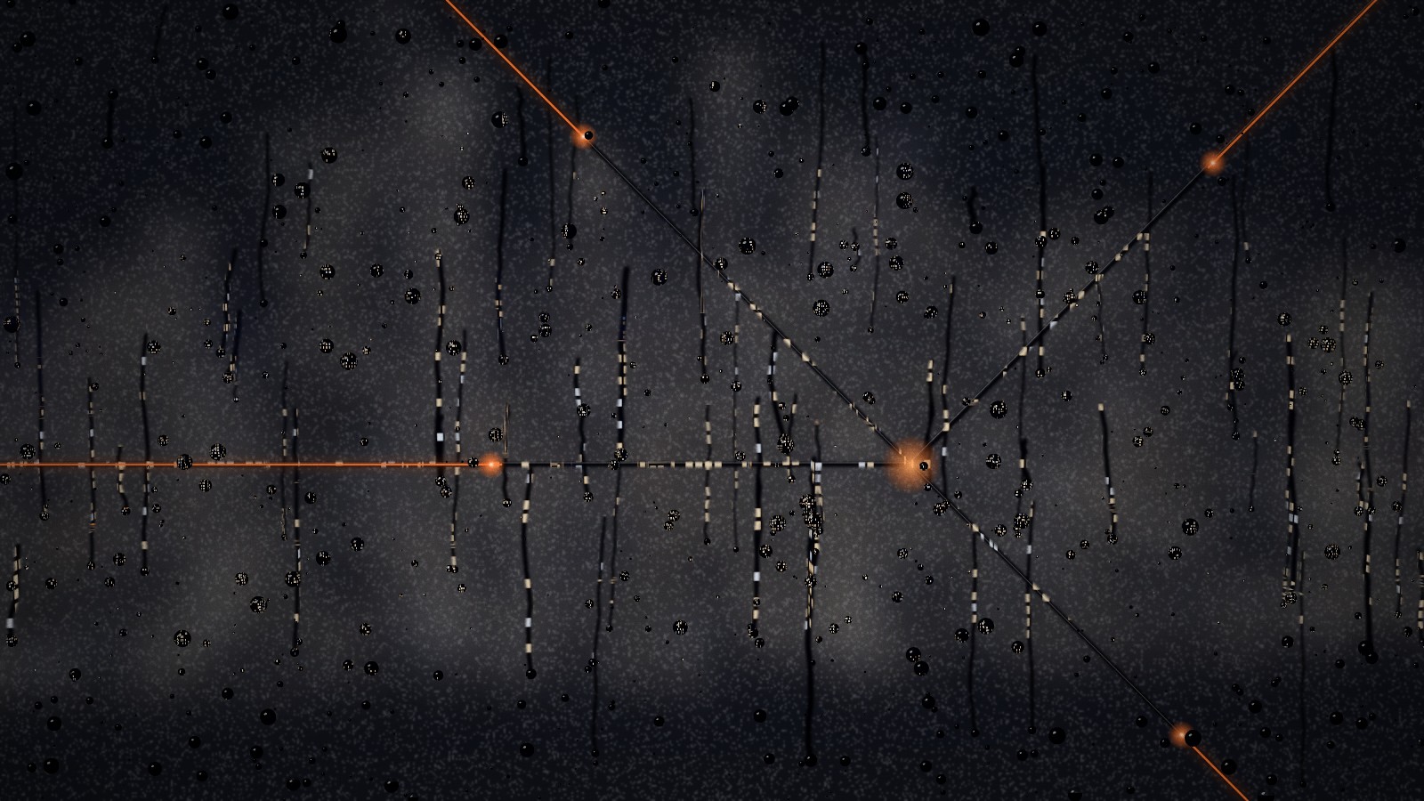 A rain-streaked, fogged window at night with four orange channels etched in the glass, meeting at one point.