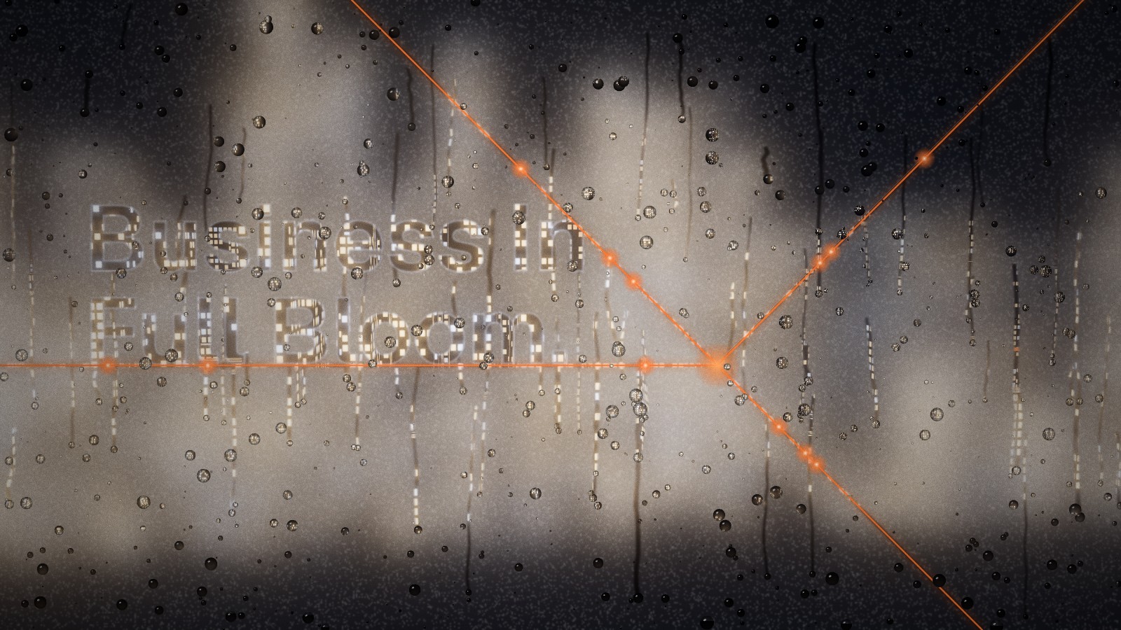 The words “Business in Full Bloom.” are wiped clear through the fog, showing sharp lit offices inside the letters.