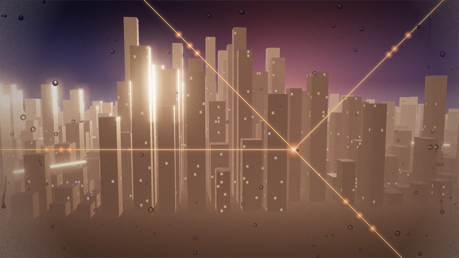 The fog has cleared from the centre of the window, showing a golden city at dawn; the etched channels catch the light.